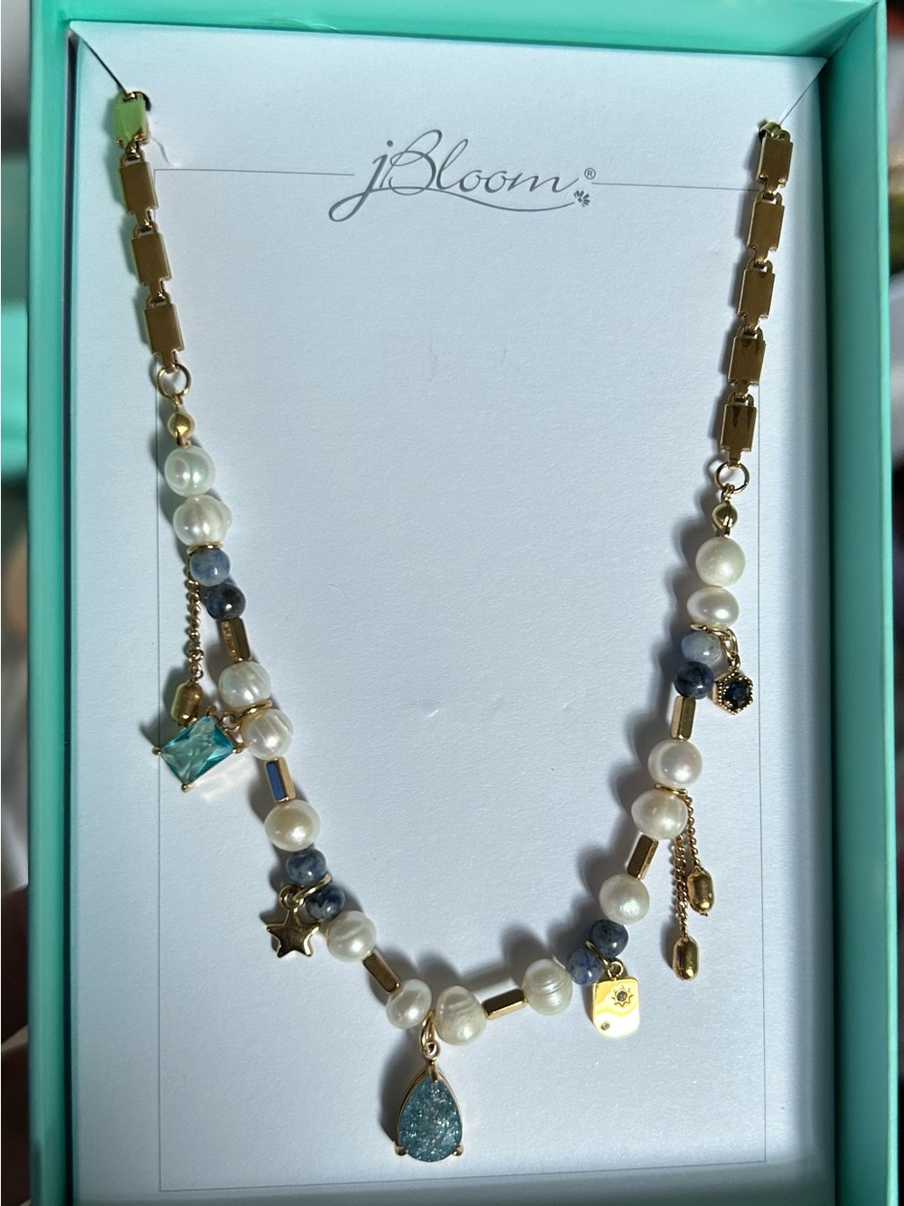 bloom Gold Pearl Necklace with Blue Druzy Teardrop and Aqua Crystal Accent